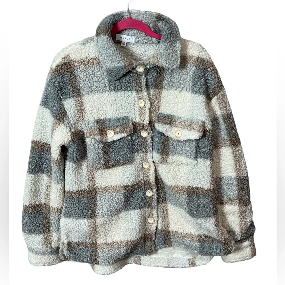 Mable Oversized Plaid Teddy Sherpa Shacket Size Medium, Cream/Gray/Brown - Picture 1 of 8